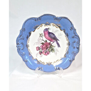 Beautiful Hand Painted Blue and Plum Colored Bird on Blue and White Plate